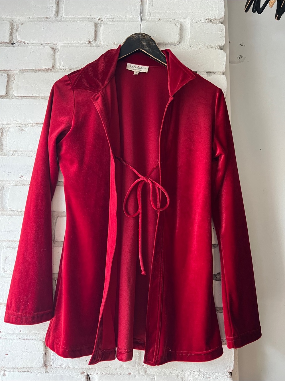 Vintage-Inspired Red Velvet Tie-Front Robe Jacket open collared shirt